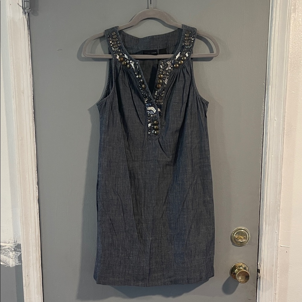 New York & Company Embellished Dark Chambray Dress S